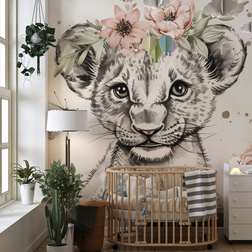 Floral lion cub mural wallpaper transforming baby bedroom with gentle safari theme by Kids-Mundo