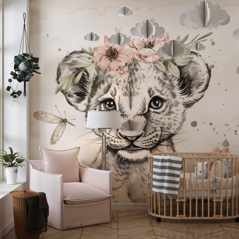 Safari lion cub wallpaper with butterflies creating peaceful nursery atmosphere for babies