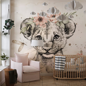 Safari lion cub wallpaper with butterflies creating peaceful nursery atmosphere for babies