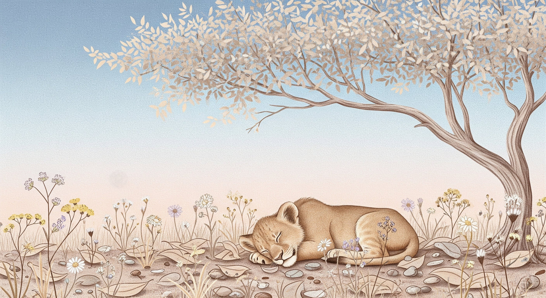 Detailed lion cub mural wallpaper design pattern showing peaceful safari scene with tree and flowers