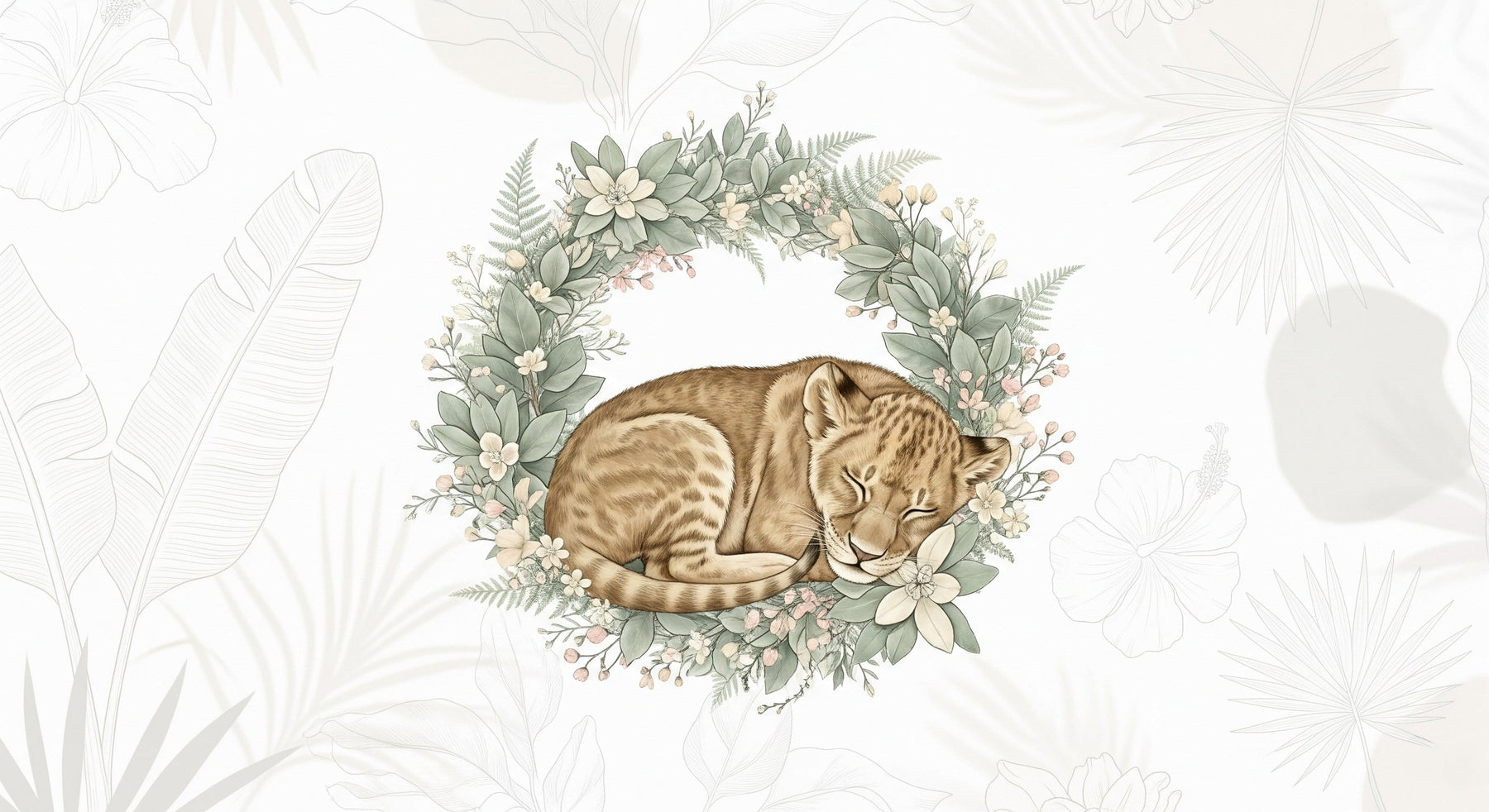 Detailed sleeping lion cub with floral wreath mural wallpaper design pattern by Kids-Mundo
