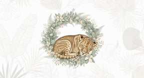 Detailed sleeping lion cub with floral wreath mural wallpaper design pattern by Kids-Mundo