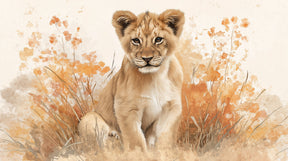 Detailed lion cub mural wallpaper design pattern with autumn foliage by Kids-Mundo
