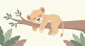 Detailed lion cub mural wallpaper design pattern showing sleeping cub on branch with pastel foliage by Kids-Mundo