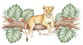 Detailed lion cub jungle mural wallpaper design pattern with tropical leaves by Kids-Mundo
