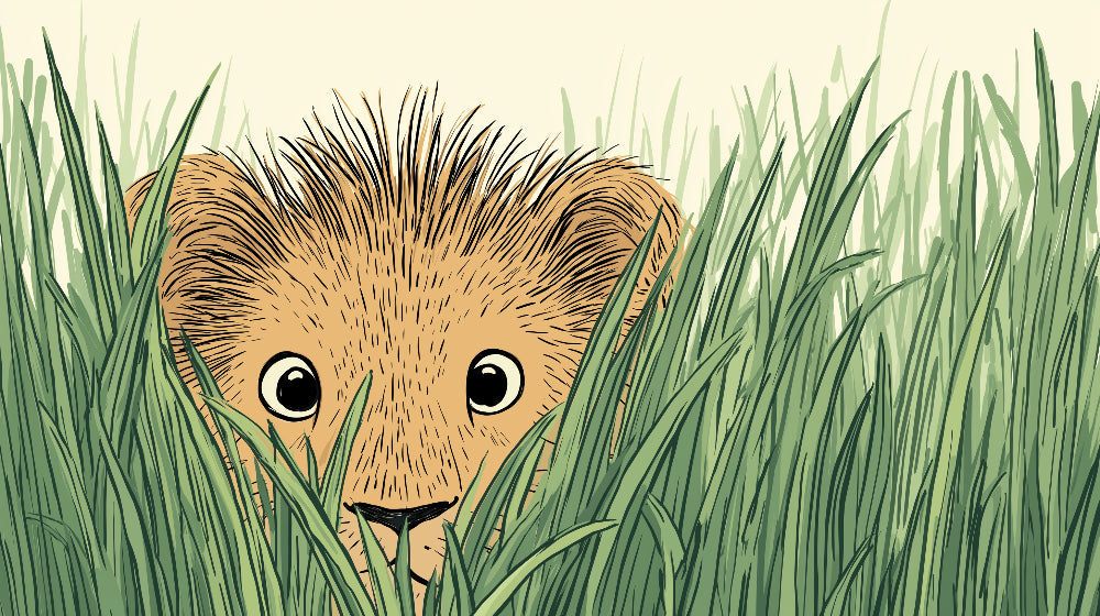 Detailed lion cub in tall grass mural wallpaper design pattern showing cute safari artwork by Kids-Mundo