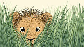 Detailed lion cub in tall grass mural wallpaper design pattern showing cute safari artwork by Kids-Mundo