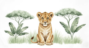 Detailed lion cub safari mural wallpaper design pattern with tropical foliage by Kids-Mundo