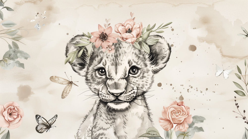 Detailed lion cub and butterfly floral mural wallpaper design pattern in beige tones by Kids-Mundo
