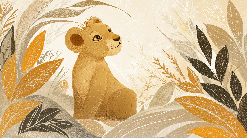Detailed lion cub safari mural wallpaper design pattern with lush foliage by Kids-Mundo