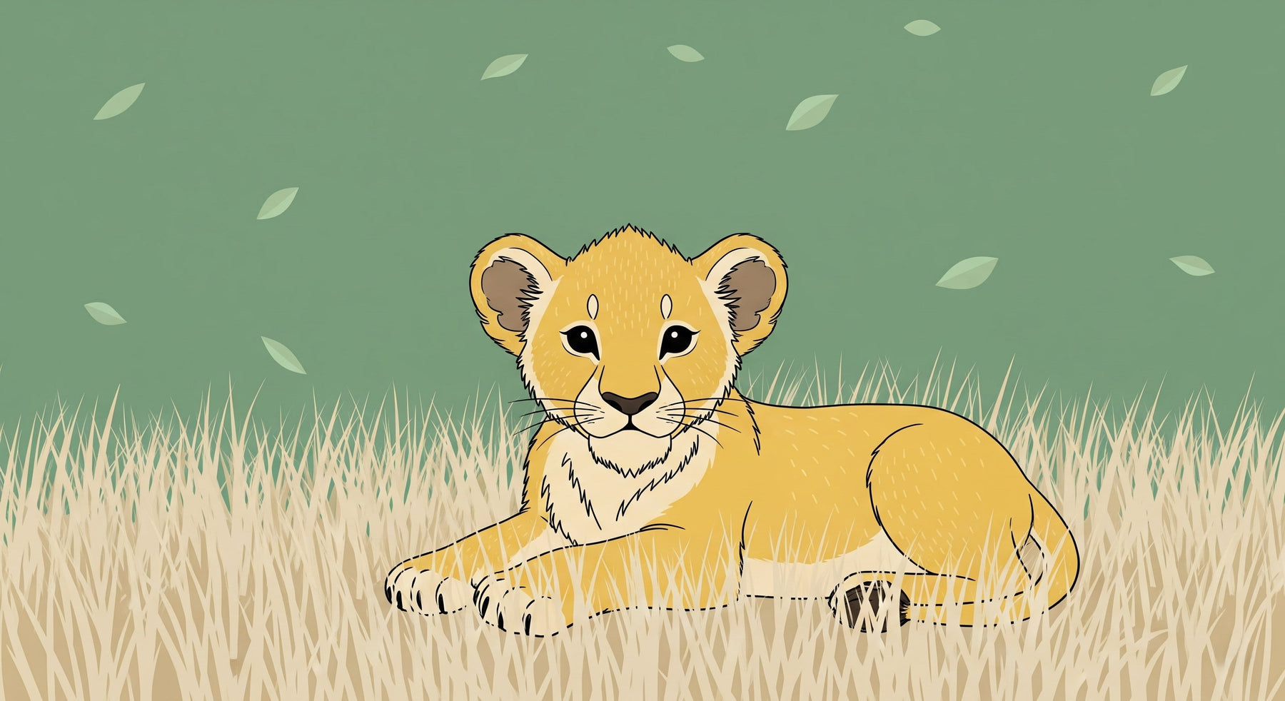 Detailed lion cub mural wallpaper design pattern showing golden grass and floating leaves by Kids-Mundo