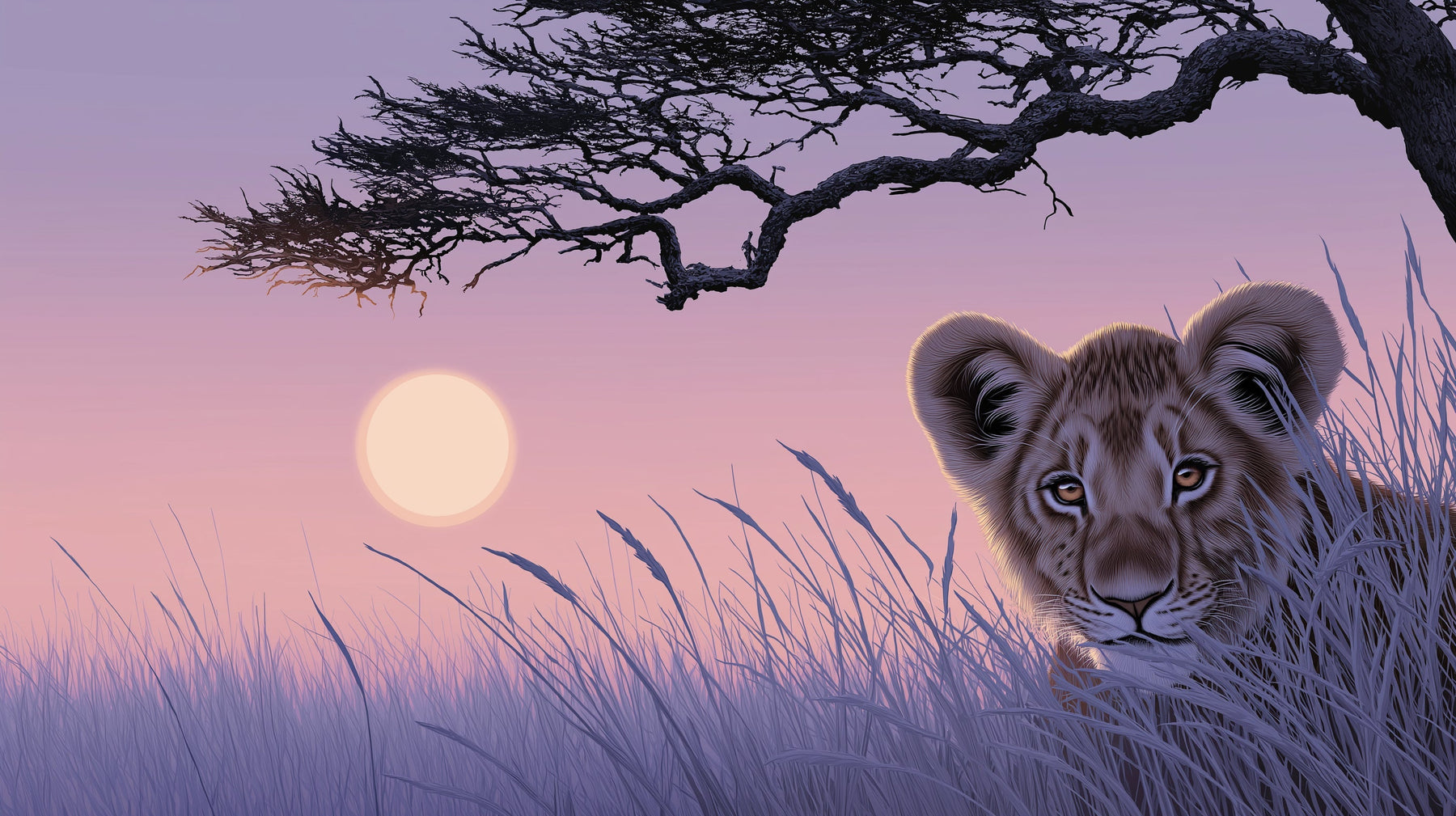 Detailed lion cub savanna sunset mural wallpaper design pattern by Kids-Mundo