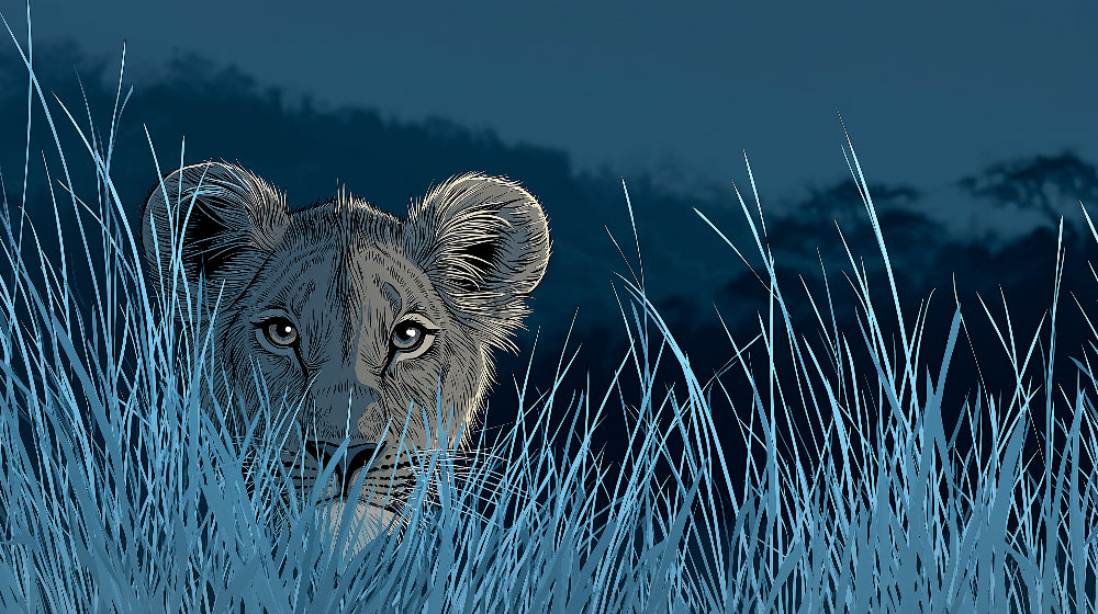 Detailed lion cub safari mural wallpaper design pattern in soft blue tones by Kids-Mundo