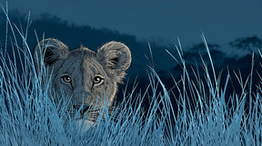 Detailed lion cub safari mural wallpaper design pattern in soft blue tones by Kids-Mundo