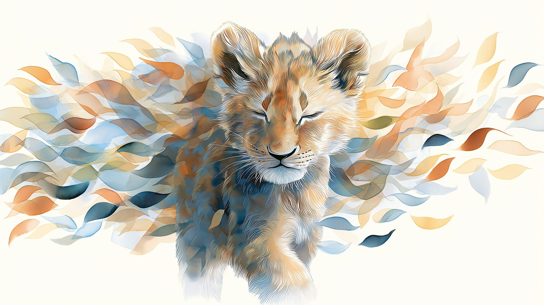 Detailed lion cub mural wallpaper design pattern with watercolor botanical elements by Kids-Mundo