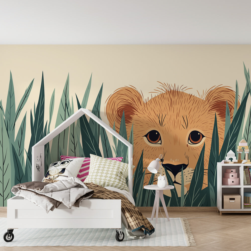 Safari lion cub mural wallpaper with green foliage transforming kids room into jungle adventure