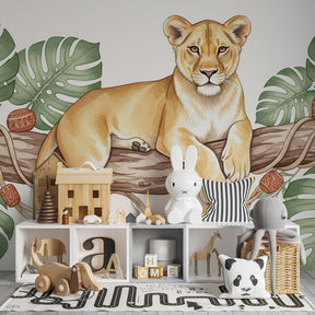 Safari animal mural wallpaper with lion cub and tropical foliage for children's room