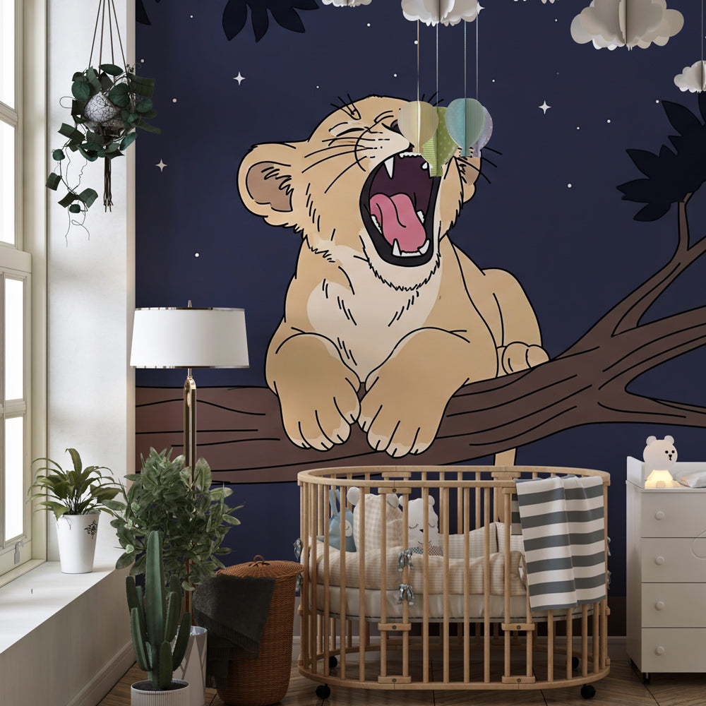 Safari themed lion cub wallpaper creating magical children's bedroom decor