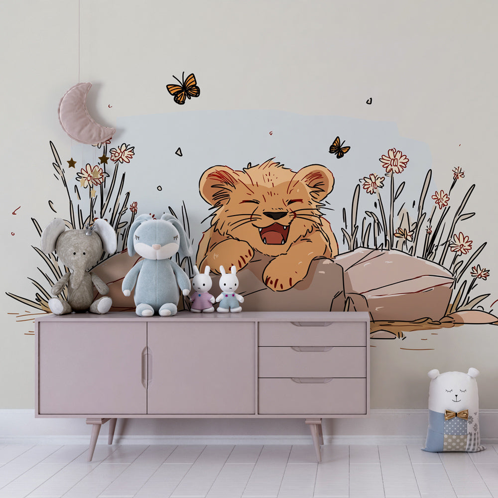 Safari themed lion cub mural wallpaper creating cozy children's bedroom atmosphere