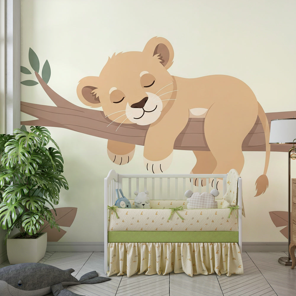 Safari themed lion cub wallpaper transforming kids room into tranquil wildlife sanctuary with gentle colors