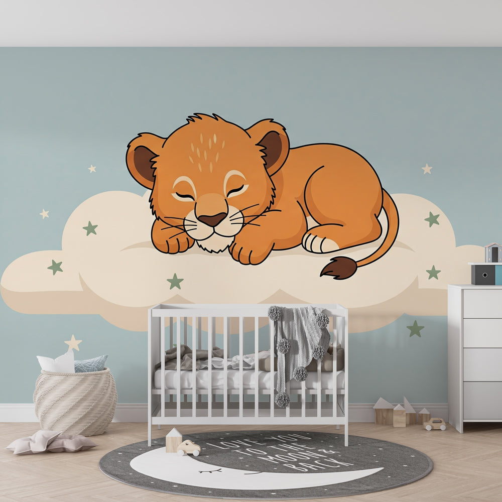 Dreamy lion cub mural wallpaper with stars transforming toddler room by Kids-Mundo