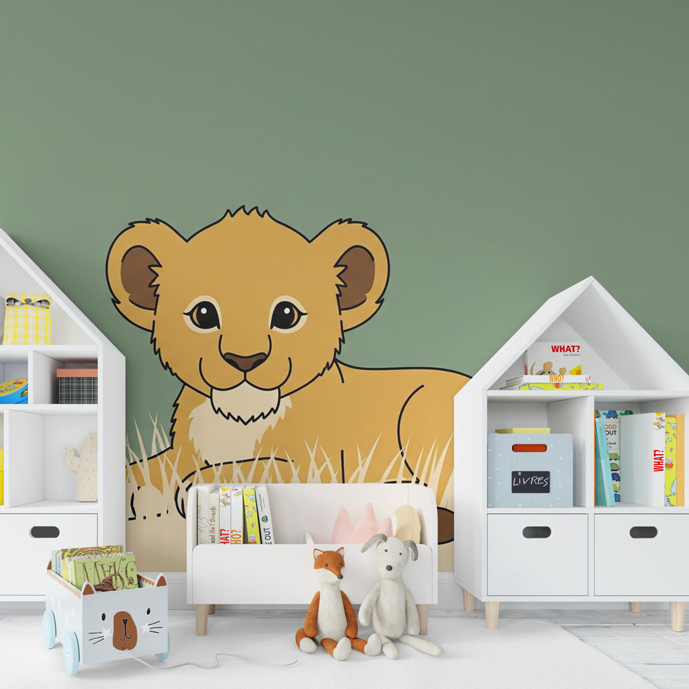 Safari themed nursery featuring adorable baby lion mural wallpaper for calming atmosphere