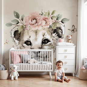 Lion cub floral mural wallpaper in modern nursery with beige and pastel tones by Kids-Mundo