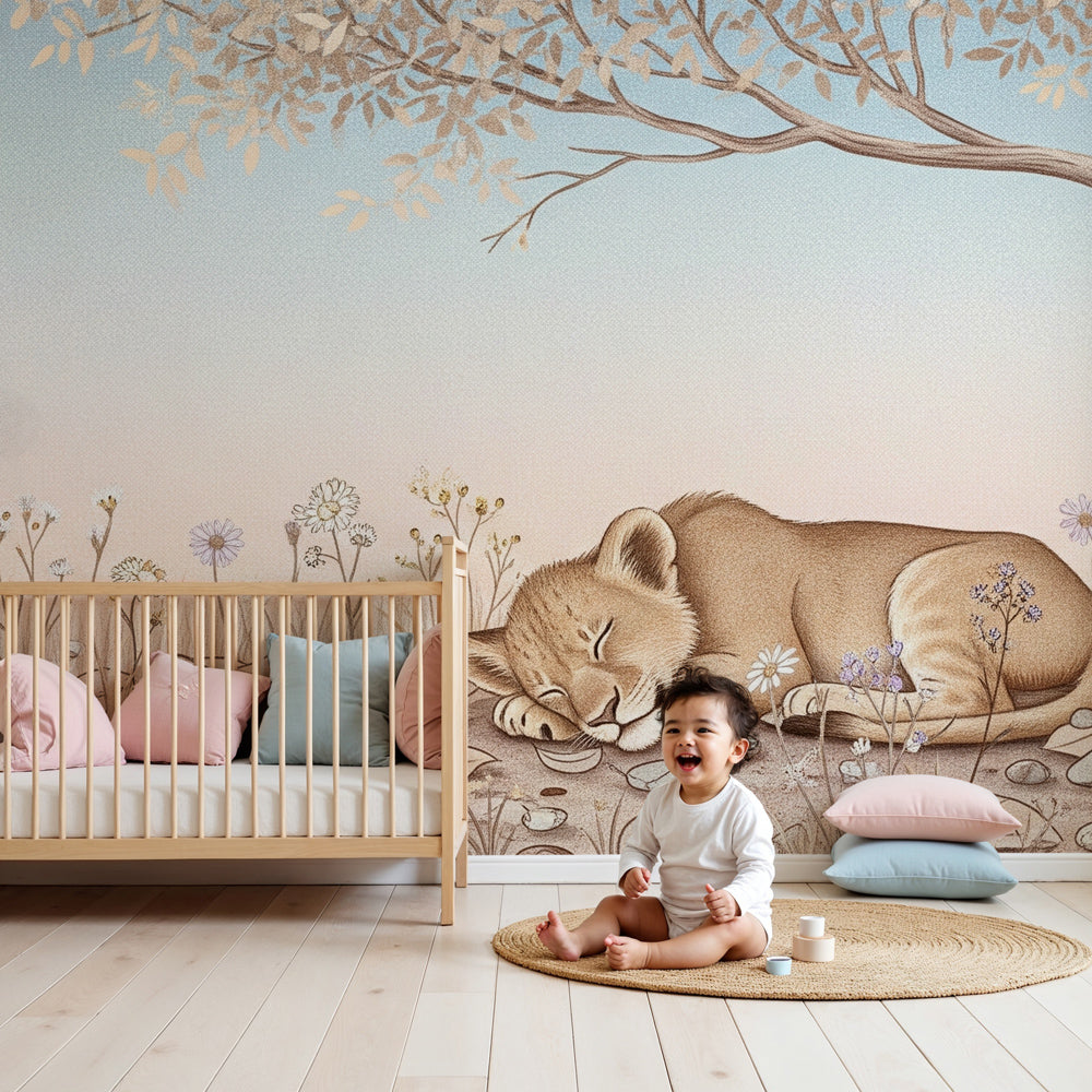 Lion cub mural wallpaper creating peaceful safari atmosphere in modern nursery by Kids-Mundo