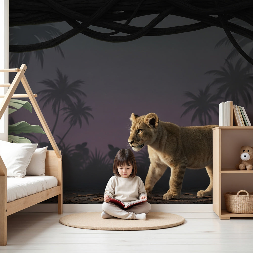 Lion cub jungle mural wallpaper in modern nursery with natural wood furniture by Kids-Mundo