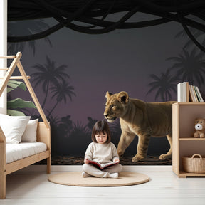 Lion cub jungle mural wallpaper in modern nursery with natural wood furniture by Kids-Mundo