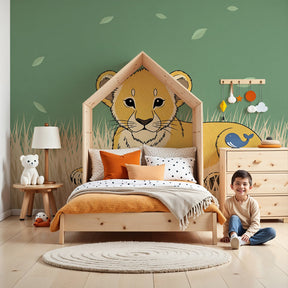Lion cub mural wallpaper in modern nursery with natural wood furniture by Kids-Mundo