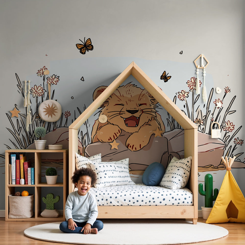 Lion cub floral mural wallpaper in modern nursery with wooden crib by Kids-Mundo