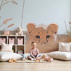 Lion cub mural wallpaper creating adventurous safari nursery decor by Kids-Mundo