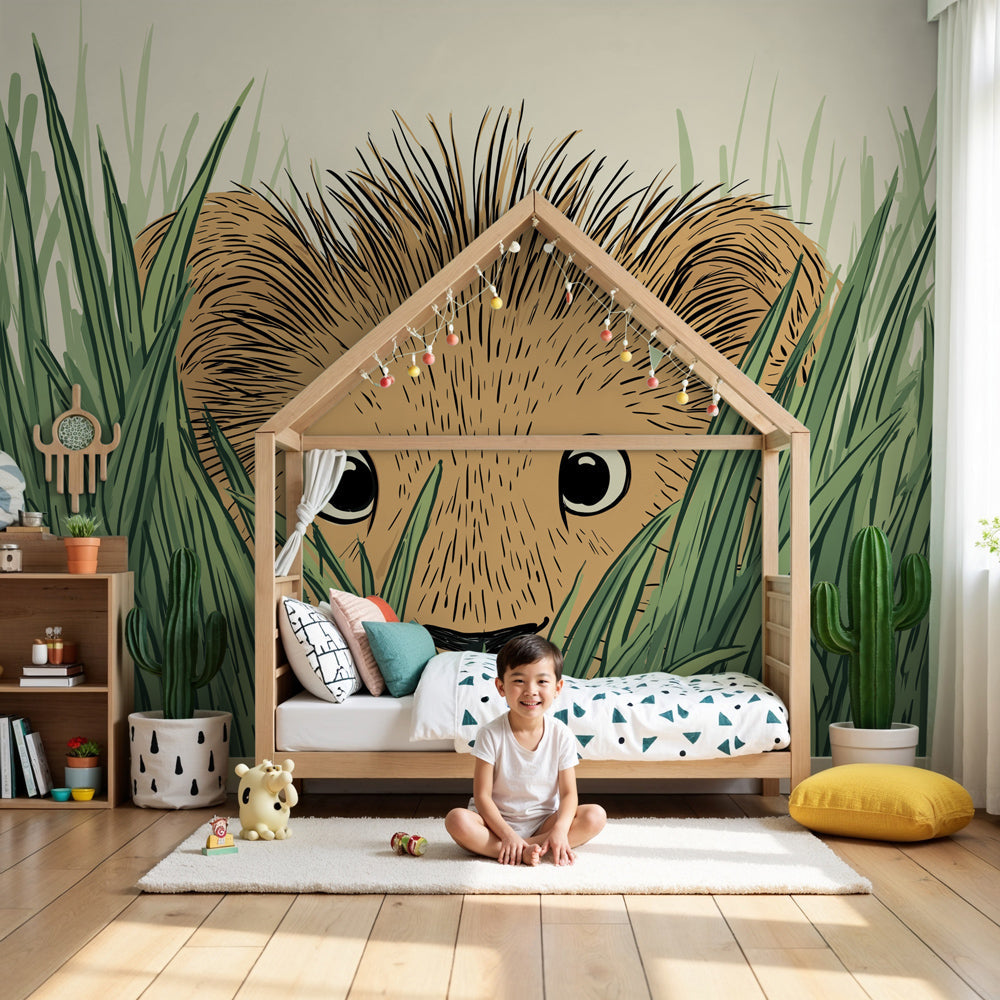 Lion cub mural wallpaper creating safari nursery decor with soft green grass design by Kids-Mundo