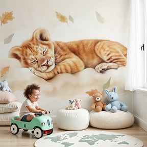 Sleeping lion cub mural wallpaper creating peaceful safari nursery decor by Kids-Mundo
