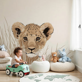 Lion cub mural wallpaper in modern nursery room with natural wood furniture by Kids-Mundo