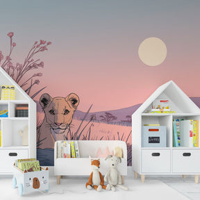 Peaceful lion cub mural wallpaper creating calming atmosphere in baby nursery