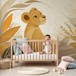 Lion cub safari mural wallpaper in modern nursery with natural wood furniture by Kids-Mundo