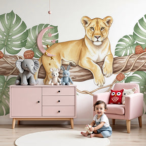 Lion cub jungle mural wallpaper creating serene safari nursery decor by Kids-Mundo