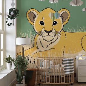 Cute lion cub mural wallpaper transforming kids playroom into safari adventure space