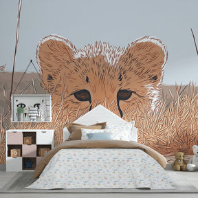 Safari animal mural wallpaper creating wild adventure theme in kids playroom