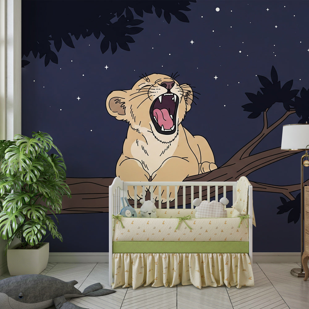 Starry safari mural wallpaper with cute lion cub for kids playroom decoration