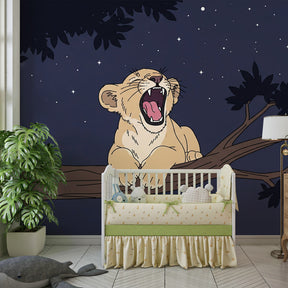 Starry safari mural wallpaper with cute lion cub for kids playroom decoration