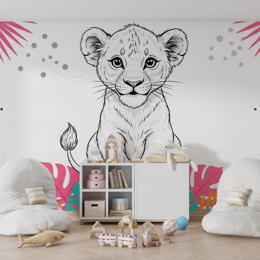Safari lion cub wallpaper transforming kids playroom with vibrant jungle theme by Kids-Mundo