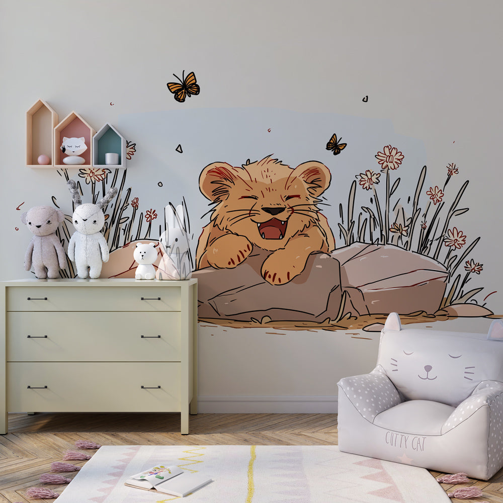 Floral lion cub mural wallpaper with butterflies decorating bright kids playroom