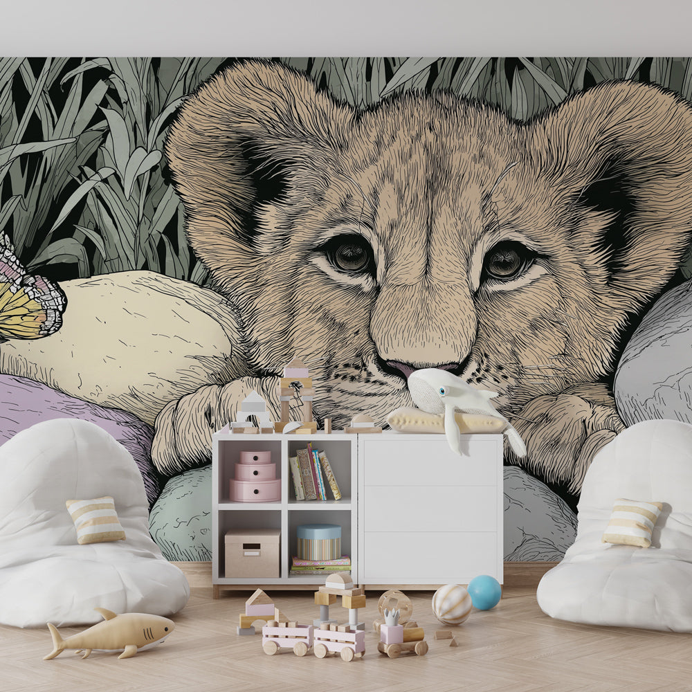 Safari themed lion cub mural wallpaper transforming playroom into wildlife adventure space