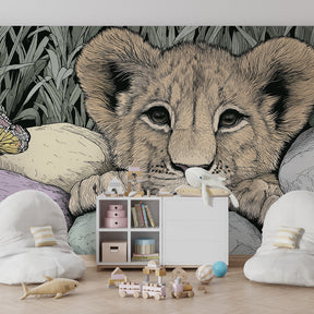 Safari themed lion cub mural wallpaper transforming playroom into wildlife adventure space
