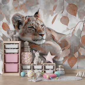 Nature-themed lion cub mural wallpaper transforming children's playroom into safari adventure space
