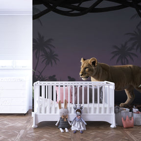 Safari adventure mural wallpaper creating wild jungle atmosphere in kids bedroom