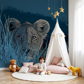 Lion cub safari mural wallpaper creating adventurous atmosphere in modern nursery by Kids-Mundo